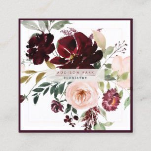 PixDezines Waterverf Flowers, Burgundy+Blush Vierkante Visitekaartje