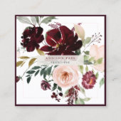 PixDezines Waterverf Flowers, Burgundy+Blush Vierkante Visitekaartje (Voorkant)