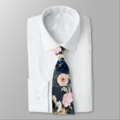 PixDezines Waterverf Flowers Navy Blue Pink Neck Stropdas (Gebonden)