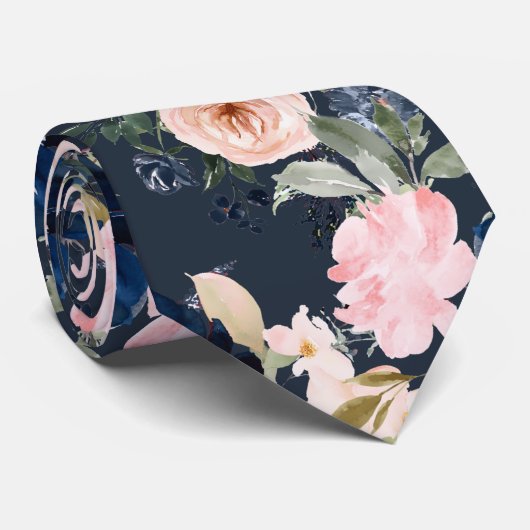 PixDezines Waterverf Flowers Navy Blue Pink Neck Stropdas (Opgerold)