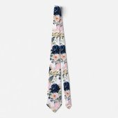 PixDezines Waterverf Flowers Navy Blue Roze Stropdas (Voorkant)