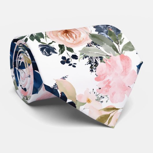 PixDezines Waterverf Flowers Navy Blue Roze Stropdas (Opgerold)