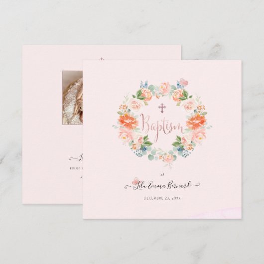 PixDezines Waterverf Flowers Perzik Doop Kaart (Voorkant / Achterkant)