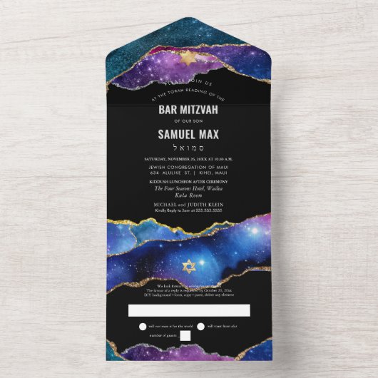 PixDezines Waterverf Galaxy Agate Bar Mitzvah All In One Uitnodiging (Binnen)