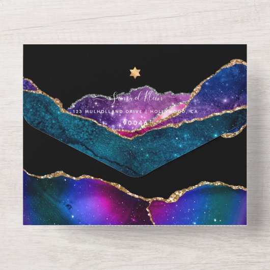 PixDezines Waterverf Galaxy Agate Bar Mitzvah All In One Uitnodiging (Achterkant)