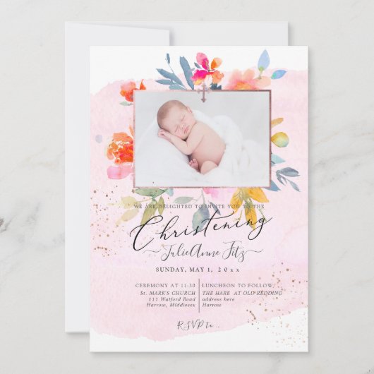 PixDezines Waterverf Garden Rozen Christening Kaart (Voorkant)