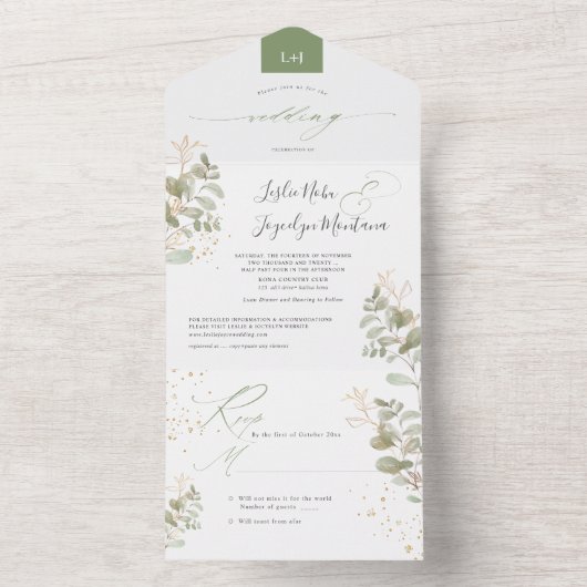 PixDezines Waterverf Green Gold Foliage All In One Uitnodiging (Binnen)