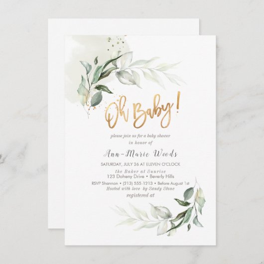 PixDezines Waterverf Greenery Baby shower Invitat Kaart (Voorkant / Achterkant)