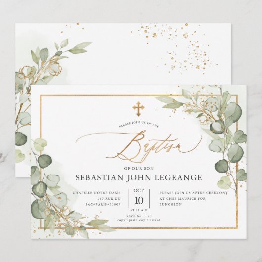 PixDezines Waterverf Gum Eucalyptus Baptism Invit Kaart (Voorkant / Achterkant)