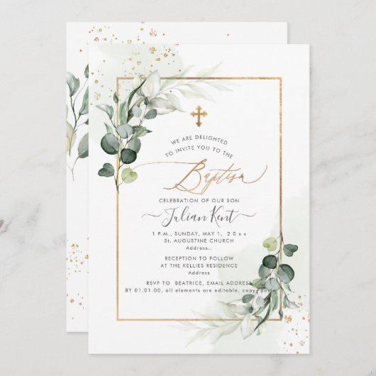 PixDezines Waterverf Gum Eucalyptus Baptisme Kaart (Voorkant / Achterkant)