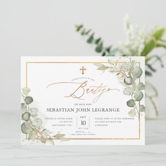 PixDezines Waterverf Gum Eucalyptus Bautizo Kaart (Staand voorkant)