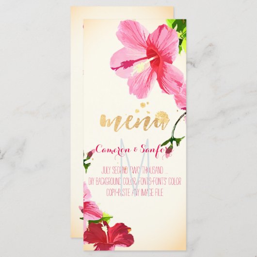 PixDezines Waterverf Hibiscus Menu/Roze Menu (Voorkant / Achterkant)