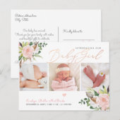 PixDezines Waterverf Katoen+Rozen, Meisje Geboorte Briefkaart (Voorkant / Achterkant)