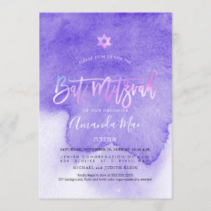 PixDezines Waterverf Lavender Paars Bat Mitzvah Kaart