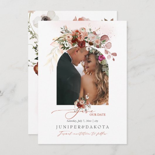 PixDezines Waterverf Marsala Red Autumn Love Save Save The Date (Voorkant / Achterkant)