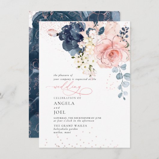PixDezines Waterverf Navy Blush flower Invitatie Kaart (Voorkant / Achterkant)