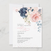 PixDezines Waterverf Navy Blush flower Invitatie Kaart (Voorkant)