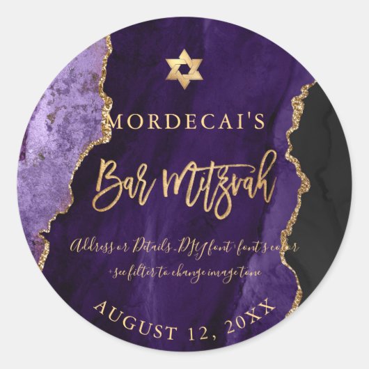 PixDezines Waterverf Paars Agate Bar Mitzvah Ronde Sticker (Voorkant)