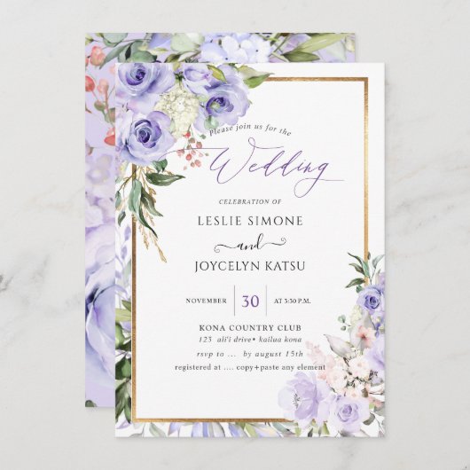 PixDezines Waterverf Paarse Rozen bruiloft Kaart (Voorkant / Achterkant)