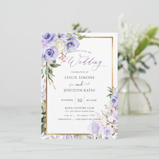 PixDezines Waterverf Paarse Rozen bruiloft Kaart (Staand voorkant)