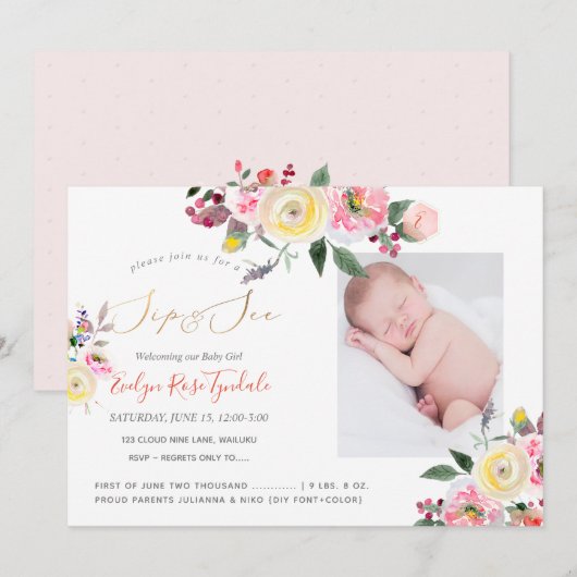 PixDezines Waterverf Pastel Gele rozen Sip+See Kaart (Voorkant / Achterkant)