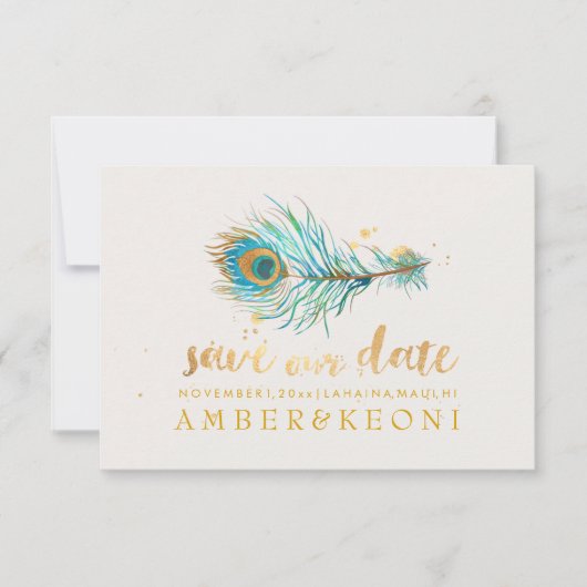 PixDezines Waterverf Peacock Plume/save our date Kaart (Voorkant)
