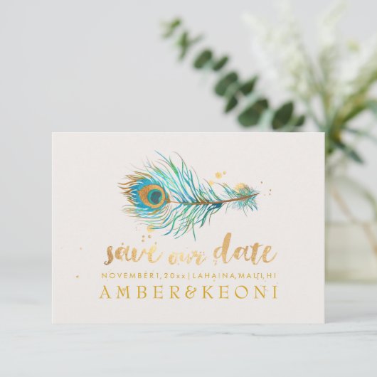PixDezines Waterverf Peacock Plume/save our date Kaart (Staand voorkant)