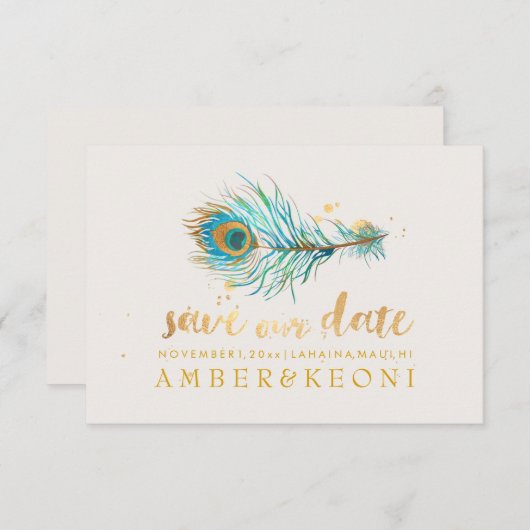 PixDezines Waterverf Peacock Plume/save our date Kaart (Voorkant / Achterkant)