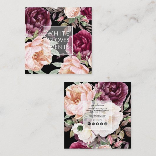PixDezines Waterverf Peonies Blush Burgundy Vierkante Visitekaartje (Voorkant / Achterkant)