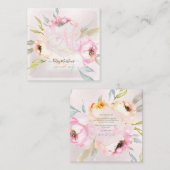 PixDezines Waterverf Peonies+Sage Vierkante Visitekaartje (Voorkant / Achterkant)