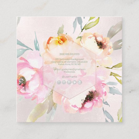 PixDezines Waterverf Peonies+Sage Vierkante Visitekaartje (Achterkant)