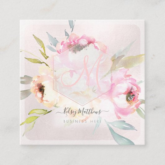 PixDezines Waterverf Peonies+Sage Vierkante Visitekaartje (Voorkant)