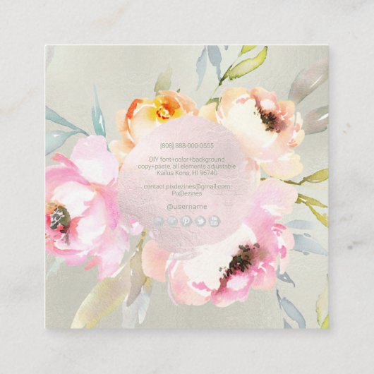 PixDezines Waterverf Peonies+Sage Vierkante Visitekaartje (Achterkant)