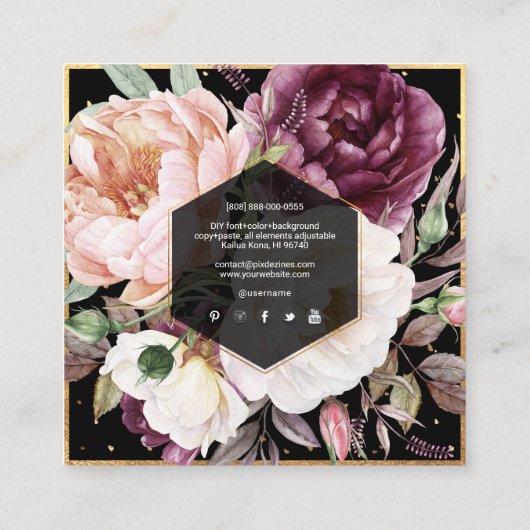 PixDezines Waterverf Peonies Square Visitekaartje (Achterkant)