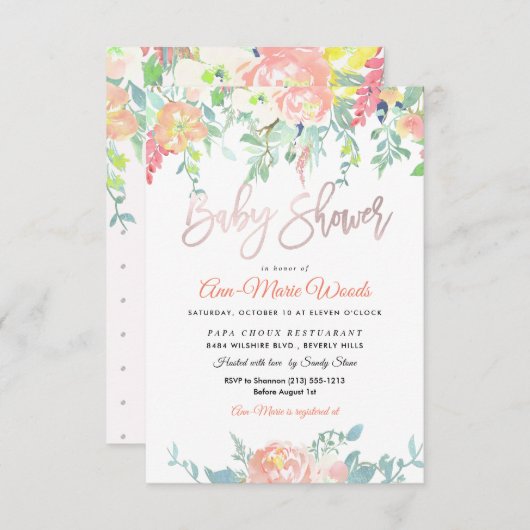 PixDezines Waterverf Perzik Pioenrozen Baby shower Kaart (Voorkant / Achterkant)