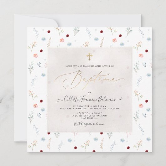 PixDezines Waterverf Petite Fleurs Baptême Fille Kaart (Achterkant)