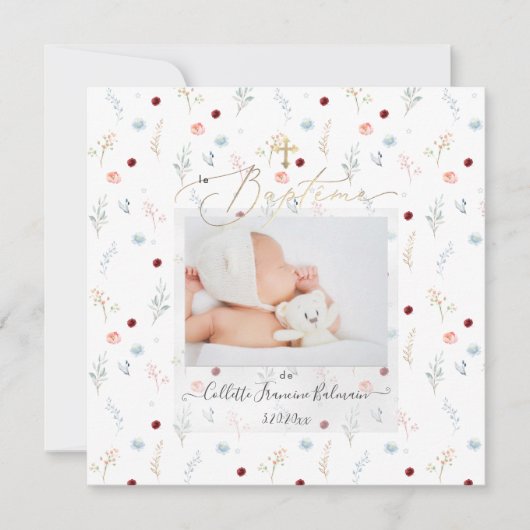PixDezines Waterverf Petite Fleurs Baptême Fille Kaart (Voorkant)