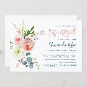 PixDezines Waterverf Pink Peonies Bat Mitzvah Kaart