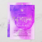 PixDezines Waterverf Pink+Platinum Bat Mitswa Kaart (Voorkant / Achterkant)