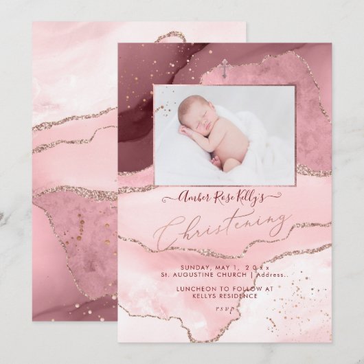 PixDezines Waterverf Roos Gouden Agaat Doopsel Kaart (Voorkant / Achterkant)