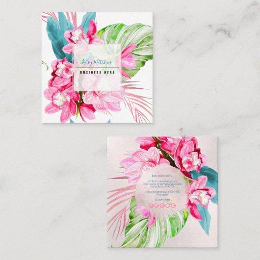PixDezines Waterverf Roze Kona Cymbidium Vierkante Visitekaartje (Voorkant / Achterkant)