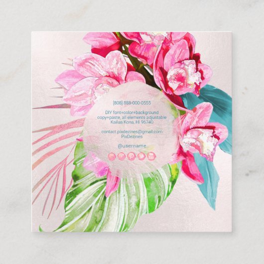 PixDezines Waterverf Roze Kona Cymbidium Vierkante Visitekaartje (Achterkant)