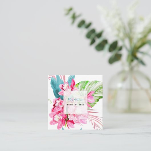 PixDezines Waterverf Roze Kona Cymbidium Vierkante Visitekaartje (Staand voorkant)