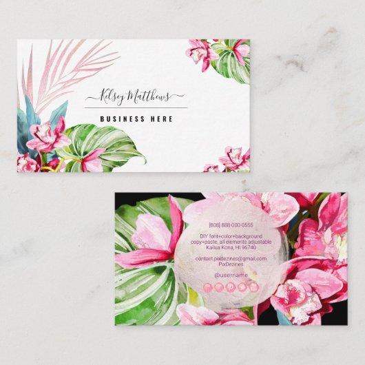 PixDezines Waterverf Roze Kona Cymbidium Visitekaartje (Voorkant / Achterkant)