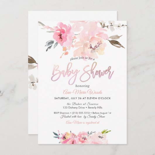 PixDezines Waterverf, roze pioenen Baby shower in Kaart (Voorkant / Achterkant)