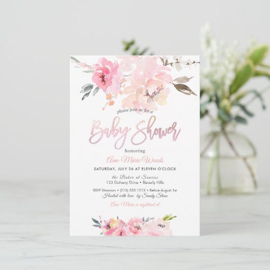 PixDezines Waterverf, roze pioenen Baby shower in Kaart (Staand voorkant)