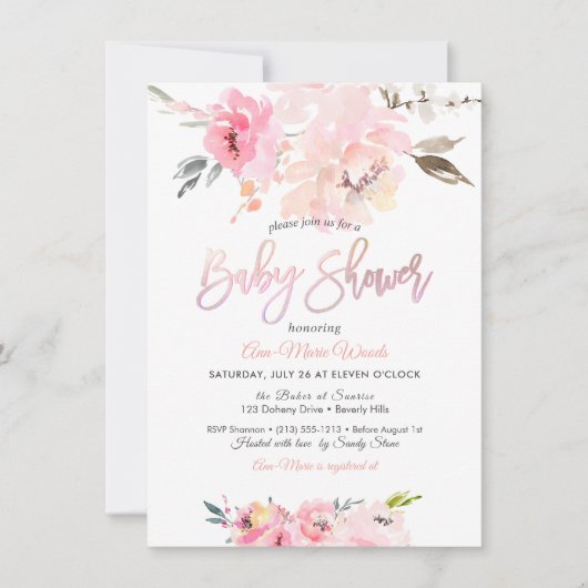 PixDezines Waterverf, roze pioenen Baby shower in Kaart (Voorkant)