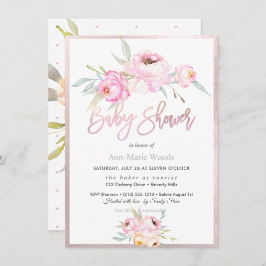 PixDezines Waterverf, Roze Pioenrozen Baby shower Kaart (Voorkant / Achterkant)