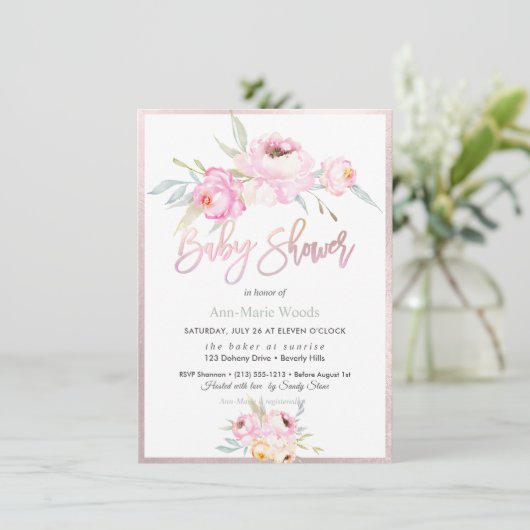 PixDezines Waterverf, Roze Pioenrozen Baby shower Kaart (Staand voorkant)