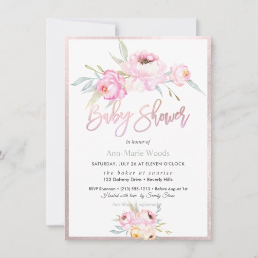 PixDezines Waterverf, Roze Pioenrozen Baby shower Kaart (Voorkant)